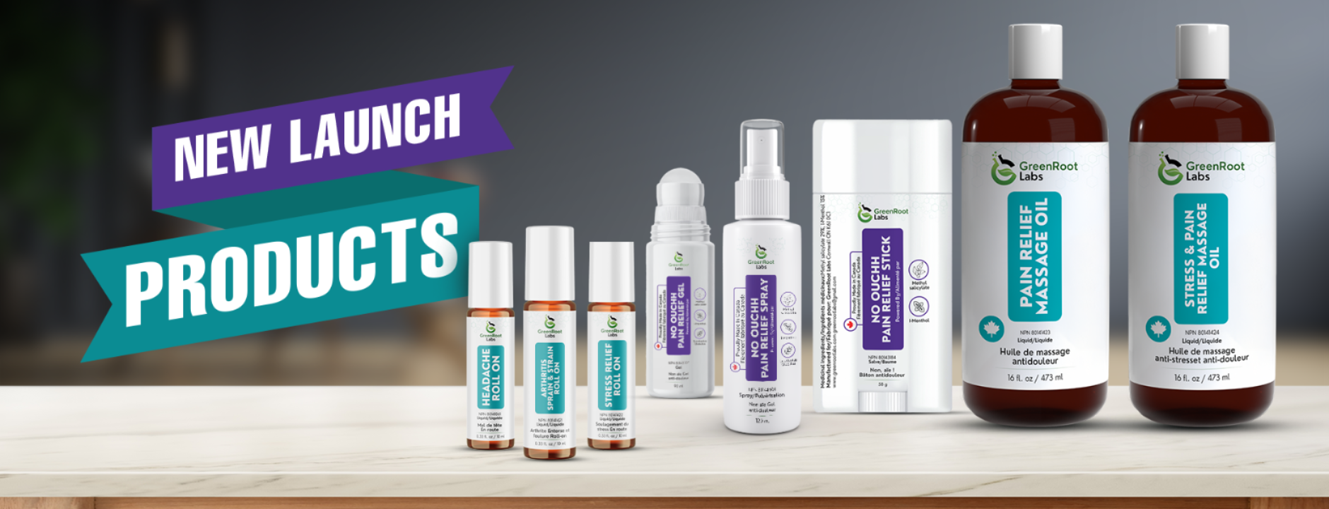 Collection of new launch products on a shelf with promotional text.